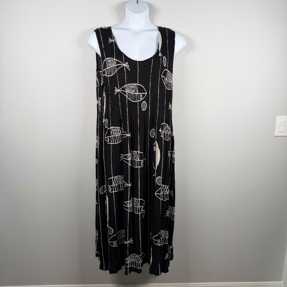 Dalin Womens 2X Black Rayon Fish Print Crinkle Gauze Sleeveless Maxi Dress Boho
